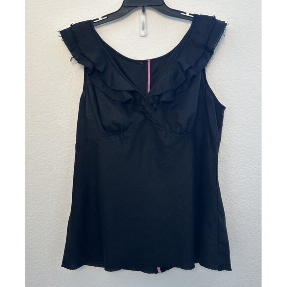 Liz Clayborne Linen Babydoll Top Wmn 16-18? Black Ruffle Raw Hem Minimalist READ - Picture 1 of 11